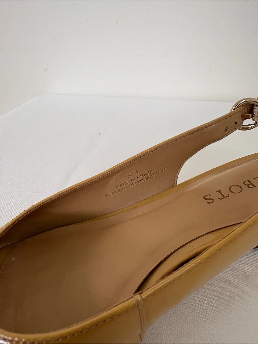 Talbots Mustard Yellow Patent Peep-Toe Slingback Wedge Leather
